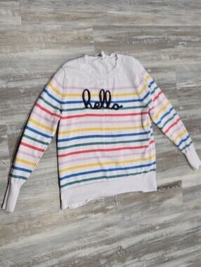 Time and Tru White Rainbow Stripe 'hello' Long-Sleeve Top
